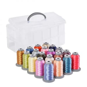 May include: A clear plastic storage box with a gray handle, filled with 20 spools of colorful thread. The spools are arranged in rows and are all the same size.