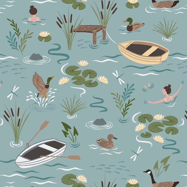 Lewis & Irene On The Lake Fabric Collection A Dip in the Lake on Duck Egg Blue Premium 100% Cotton Quilt Shop Quality Fabrics