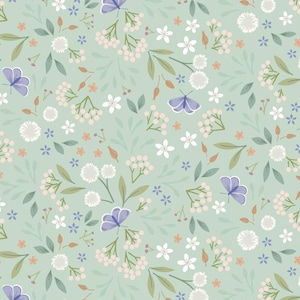 May include: A repeating floral pattern on a pale green background. The design includes white and pink flowers, green leaves, and purple butterflies. The overall look is soft and delicate, with a vintage feel.