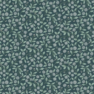 May include: A repeating pattern on a dark teal background, showcasing a botanical design. It features light green leaves, white flower clusters, and tiny pink berries. The overall effect is a natural, floral motif.