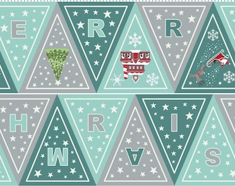GLOWING FABRICS!!  Lewis & Irene Christmas Glow Fabric Collection Merry Christmas Bunting Panel on Blue/Grey Premium 100% Cotton Fabrics