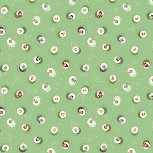 May include: A green background with a repeating pattern of white circles. Each circle contains a different cartoon character, including a wolf, a girl in a red hood, and a mushroom. The circles are surrounded by white hearts.