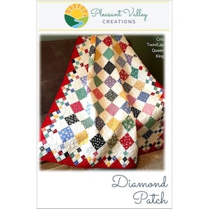 May include: A colorful quilt with a diamond patch design. The quilt features a variety of square patches in red, blue, green, yellow, and black. The quilt has a red border and is labeled "Diamond Patch" with the Pleasant Valley Creations logo.