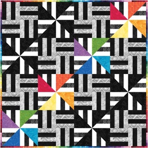 May include: A geometric quilt featuring a repeating pattern of black and white rectangles and triangles. The triangles are in various colors, including red, orange, yellow, green, blue, and purple. The quilt has a rainbow border.