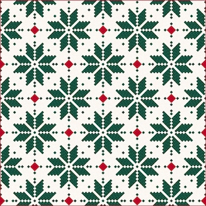Może przedstawiać: Powtarzający się wzór z zielonymi motywami płatków śniegu i czerwonymi kształtami rombów na kremowym tle. Wzór jest obramowany czerwoną obwódką, tworząc świąteczną i sezonową estetykę. Odpowiedni do tekstyliów i rękodzieła o tematyce świątecznej.