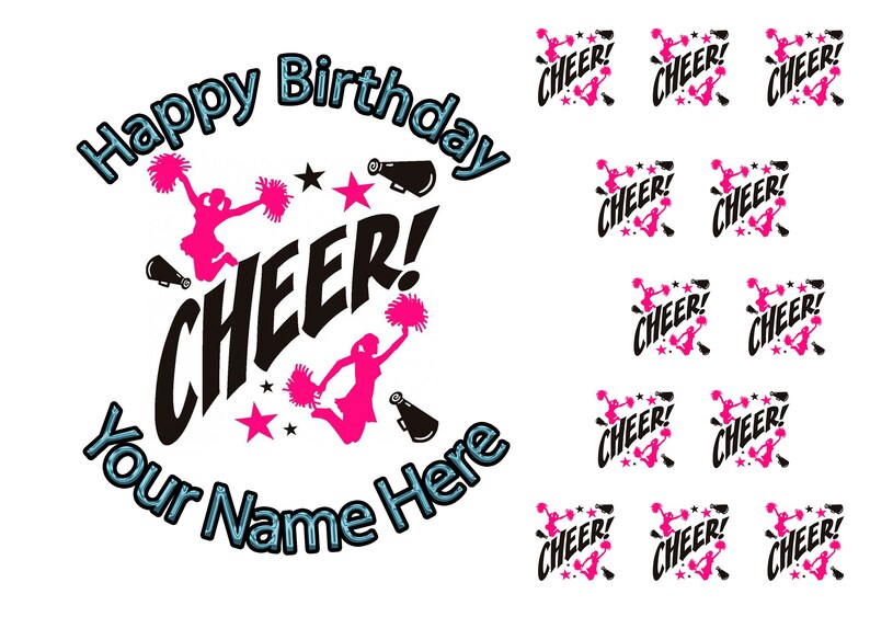 12 edible cupcake toppers Cheer Birthday Personalised 7.5 inch Round Cake Topper Cheerleader Rice wafer or Icing Sheet.1099