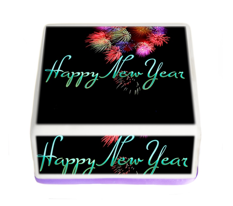 Happy New Year 7.5 inch Edible Square Cake Topper Rice wafer or Icing Sheet.165