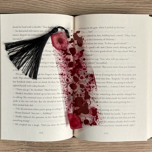 Laminated Bloody Acrylic Paint Bookmark - Customizable Red and Black Tassel - Gory Art for Horror Fans - Creepy Gift for True Crime Lovers