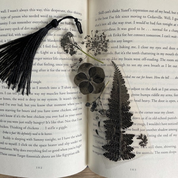 Laminated Black Pressed Flower Bookmark with Tassel - Spooky Reader Art - Gothic Decor for Bookshelf - Creepy Floral Gift - Nature Artwork