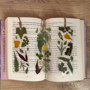 May include: Two handmade bookmarks with pressed flowers and leaves encased in clear resin. The bookmarks are attached to a book with twine. The bookmarks feature a variety of green leaves, yellow flowers, and a red leaf.