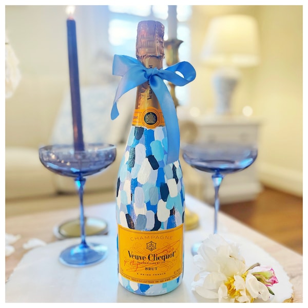 Painted Champagne Bottle (Blue Confetti-Style)