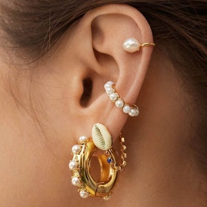 Pearl Ear Cuff, Pearl Ear Huggies, Dainty Ear Cuffs, Mini Pearls Ear Cuff, Minimalist Ear Cuff Earrings, Ear Cuff Earrings image 1