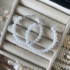 Pearl Hoop Earrings, Hoop Earrings, Silver Hoops, Earrings, Big Hoop Earrings, Beaded Pearl Earrings, White Pearl Hoops, Beaded Earrings