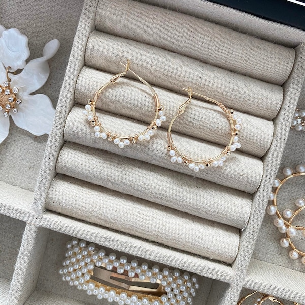 Pendientes de aro con perlas de agua dulce, chapados en oro de 14k, pendientes llamativos para novias.