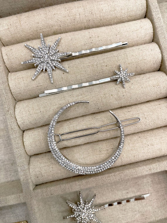 Anthropologie Crescent Moon Bobby Pins Gold Crystal Star and Moon Hair Pin Set: Silver Bridal  main image 2