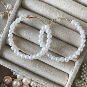 Pearl Hoop Earrings, Hoop Earrings, Gold Hoops, Earrings, Big Hoop Earrings, Beaded Pearl Earrings, White Pearl Hoops, Beaded Earrings