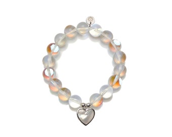 Bracelet en argent sterling, bracelet en perles de pierre de lune irisée mate, bracelet perlé en argent sterling, bracelet personnalisé, bracelet réglable