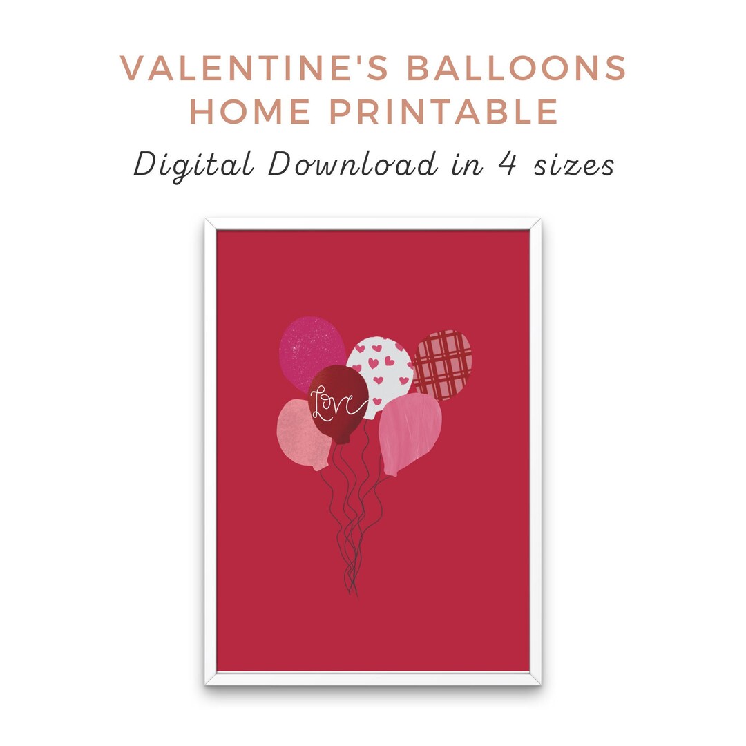 Pink and Red Balloons, Contemporary Home Art, Printable Valentine's Day Decor, Valentine Wall