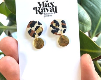 Stud earrings *Leo print* - handmade statement earrings made of polymer clay, brass pendant, Easter gift, Leo print, Leo look