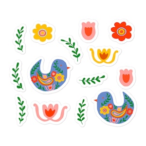 Kleurrijke Folk-art stickers met vogels en bloemen Bubble-free stickers