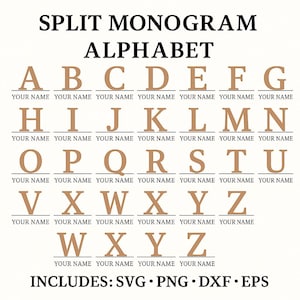 Paquete SVG de monogramas divididos (letras de la A a la Z), elegante marco para nombre en cursiva, archivos de corte para Cricut y Silhouette, para uso comercial.