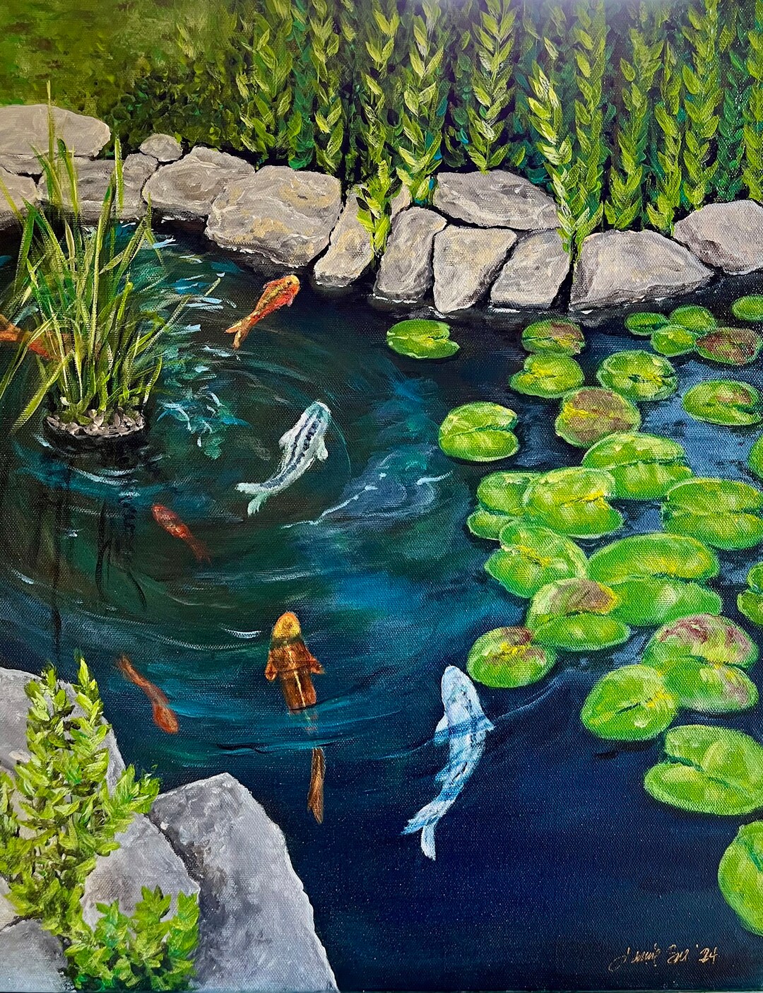 Original Acrylic Painting Koi Pond - Etsy
