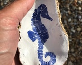 The Blue Seahorse. Decoupaged Natural Pacific Oyster Shell. Pinch pot. Candle holder. Coin dish. Trinket dish