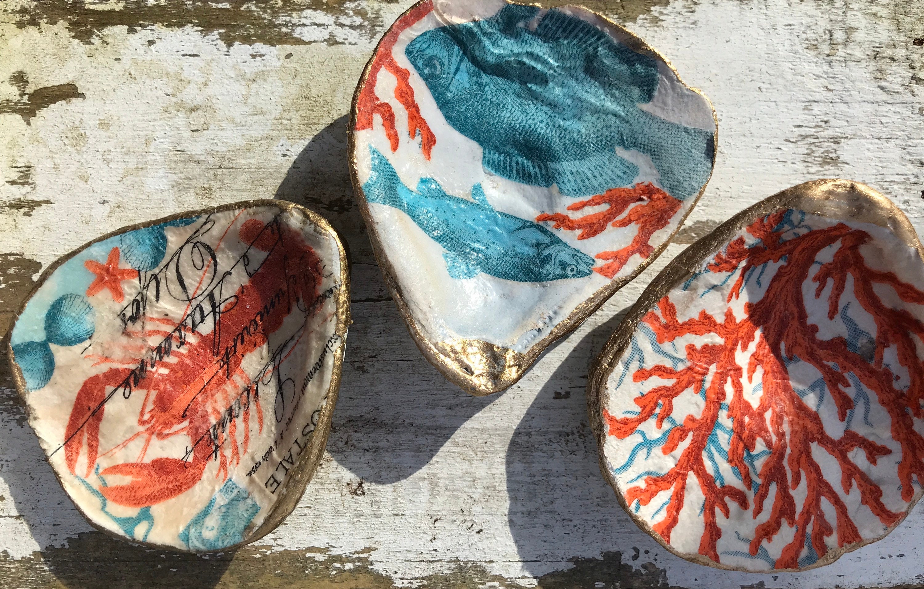Set of 3 Decoupaged oyster shells. Found on the West Sussex Etsy
