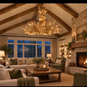 May include: A large, circular chandelier constructed from numerous thin, light brown twigs bundled together, featuring many small, warm-toned glowing lights distributed throughout the branches, suspended from a high, vaulted wooden ceiling.