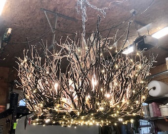 Mighty Oak Twig Chandelier – Rustic Branch Light with Fairy Lights