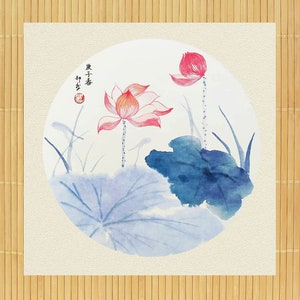 RAN ART - Lotus flowers - bleu - Original Sumi-e Chinese Painting