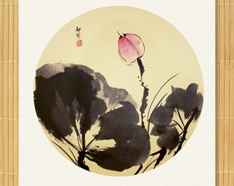 RAN ART - Original Sumi-e Chinese Painting - Black lotus leaf with flower - Watercolor