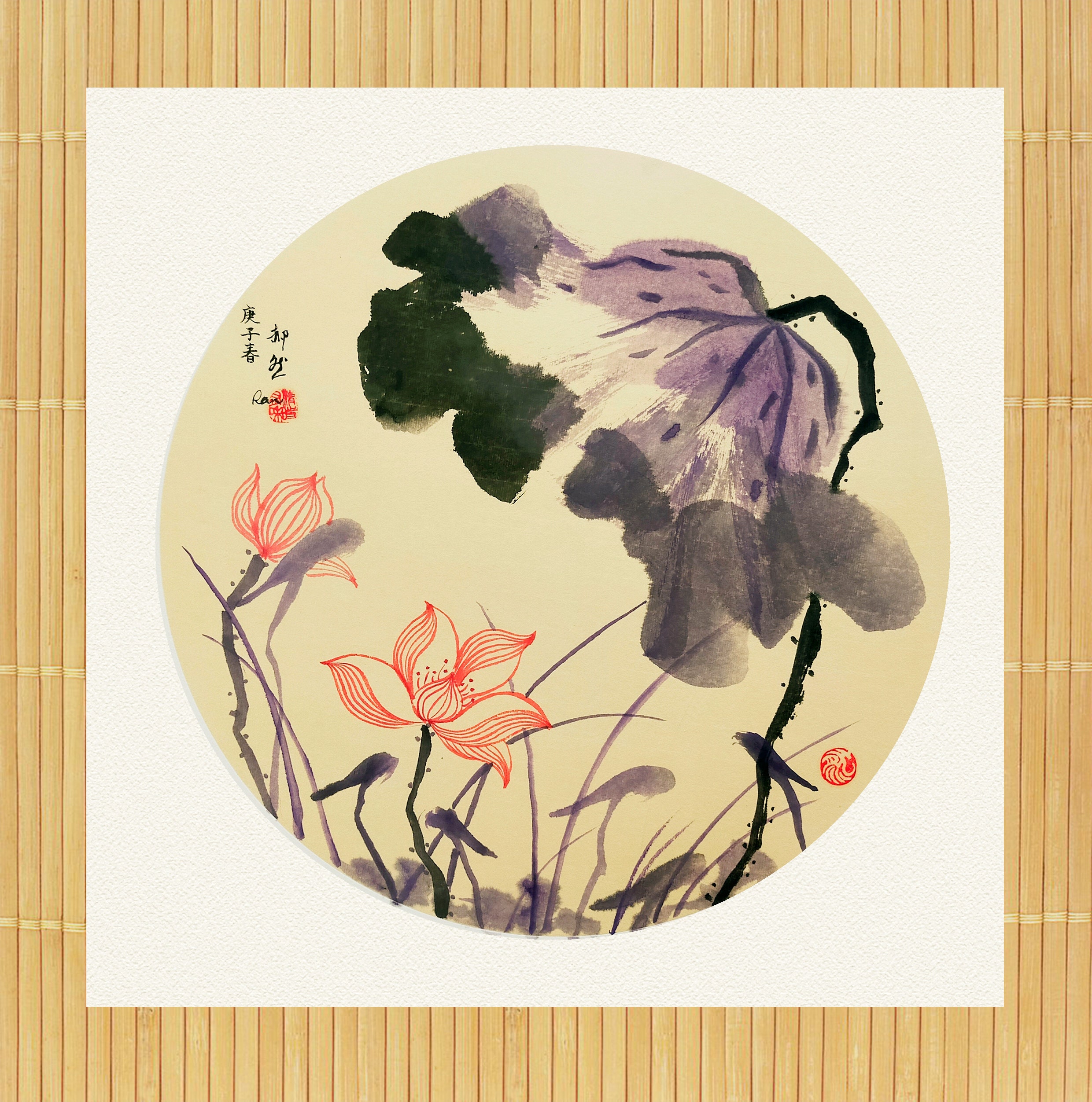 RAN ART - Violet lotus  - Original Sumi-e Chinese Painting