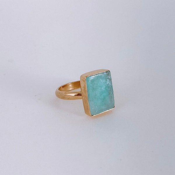 Raw Aquamarine Vertical, Gemstone Ring, 925 Sterling Silver, Gold Vermeil, 14K Yellow Gold, 18K Yellow Gold, Turquoise, Rectangle Square