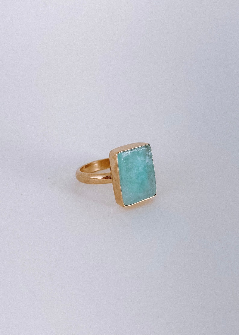 Raw Aquamarine Vertical, Gemstone Ring, 925 Sterling Silver, Gold Vermeil, 14K Yellow Gold, 18K Yellow Gold, Turquoise, Rectangle Square image 1