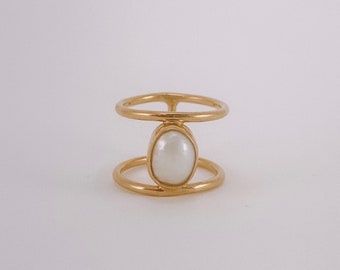 14K Gold Vermeil Pearl Ring, Double Band Ring, 925 Sterling Silver, Gold Vermeil, 14K Yellow Gold, 18K Yellow Gold