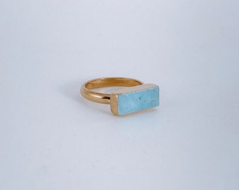 Raw Aquamarine Horizontal, Gemstone Ring, 925 Sterling Silver, Gold Vermeil, 14K Yellow Gold, 18K Yellow Gold, Turquoise, Rectangle Square