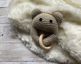 Teddy rattle with grasping toy, crocheted. Handmade