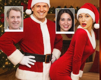 Funny Christmas Couple Portrait, Santa Costume, Custom Digital Art (Digital Download)