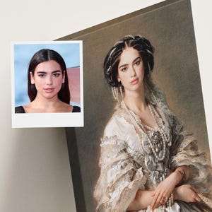 May include: A canvas print featuring a portrait of a woman in a vintage style dress, with a modern photo of a woman in the upper left corner. The portrait is in soft colors, with the woman wearing a white dress and jewelry.