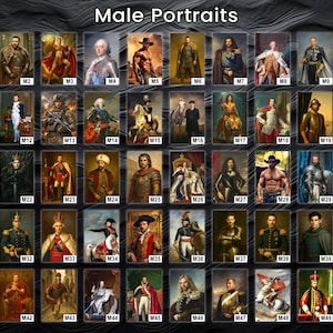 Pu&ograve; includere: Una collezione di 50 stampe di ritratti, ognuna raffigurante un uomo in vari costumi e ambientazioni storiche. Le stampe sono disposte in una griglia, con il titolo "Male Portraits" in alto. I ritratti mostrano una variet&agrave; di stili ed epoche.