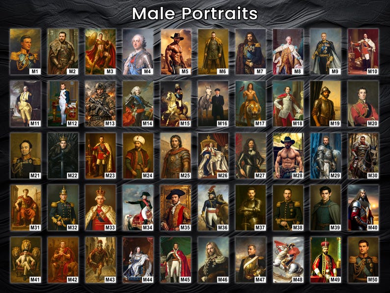 Pu&ograve; includere: Una collezione di 50 stampe di ritratti, ognuna raffigurante un uomo in vari costumi e ambientazioni storiche. Le stampe sono disposte in una griglia, con il titolo "Male Portraits" in alto. I ritratti mostrano una variet&agrave; di stili ed epoche.