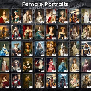 Pu&ograve; includere: Una collezione di 50 ritratti di donne, ciascuno incorniciato e numerato. I ritratti raffigurano donne in vari costumi e ambientazioni storiche, con un focus su abiti regali e stili artistici classici. Il titolo "Female Portraits" &egrave; in alto.