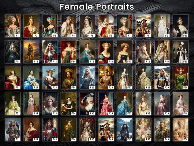 Pu&ograve; includere: Una collezione di 50 ritratti di donne, ciascuno incorniciato e numerato. I ritratti raffigurano donne in vari costumi e ambientazioni storiche, con un focus su abiti regali e stili artistici classici. Il titolo "Female Portraits" &egrave; in alto.