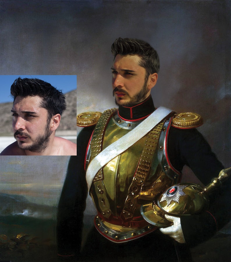 Pu&ograve; includere: Ritratto di una persona in uniforme militare, con corazza dorata, giacca nera e fascia bianca. La persona tiene in mano un elmo e ha un'espressione seria. Una immagine pi&ugrave; piccola della persona &egrave; nell'angolo in alto a sinistra.