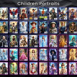 Pu&ograve; includere: Una collezione di 50 ritratti digitali di bambini in vari costumi e ambientazioni. I ritratti includono bambini vestiti da supereroi, astronauti, cowboy e principesse. Il testo "Children Portraits" &egrave; nella parte superiore dell'immagine.