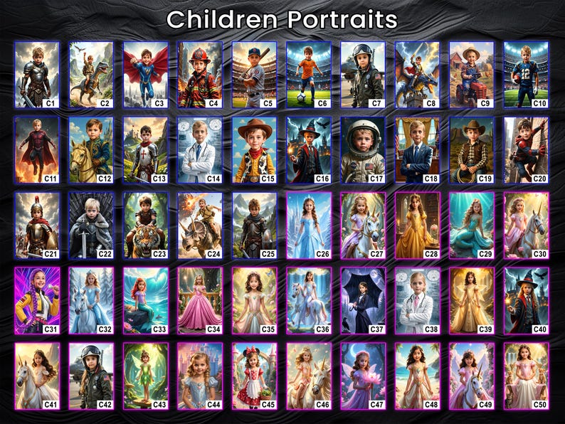 Pu&ograve; includere: Una collezione di 50 ritratti digitali di bambini in vari costumi e ambientazioni. I ritratti includono bambini vestiti da supereroi, astronauti, cowboy e principesse. Il testo "Children Portraits" &egrave; nella parte superiore dell'immagine.