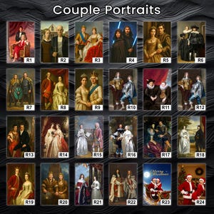 Pu&ograve; includere: Una collezione di 24 ritratti di coppia, ognuno raffigurante coppie in vari contesti storici e fantasy. I ritratti variano nello stile, dalle pitture classiche alle interpretazioni moderne, comprese scene natalizie e personaggi di Star Wars.