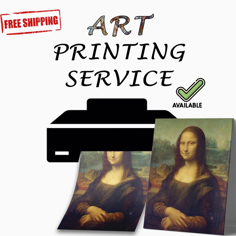 Pu&ograve; includere: Immagine che promuove un servizio di stampa artistica. L'immagine presenta un'icona di stampante nera, il testo "ART PRINTING SERVICE" e due stampe della Gioconda. &Egrave; presente anche un segno di spunta verde con la parola "AVAILABLE".