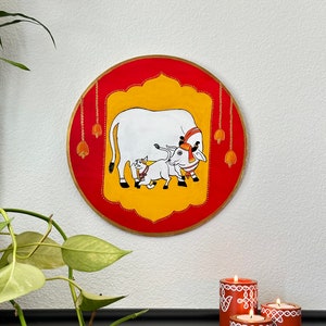 Pichwai Cow- Indian Traditional art- 2inch Round wood base- Indian gifts, Indian Housewarming gift, Indian Wedding gift, Indian Festive gift